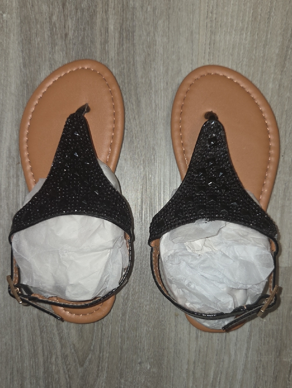 Girls Black Beaded T-Strap Sandals